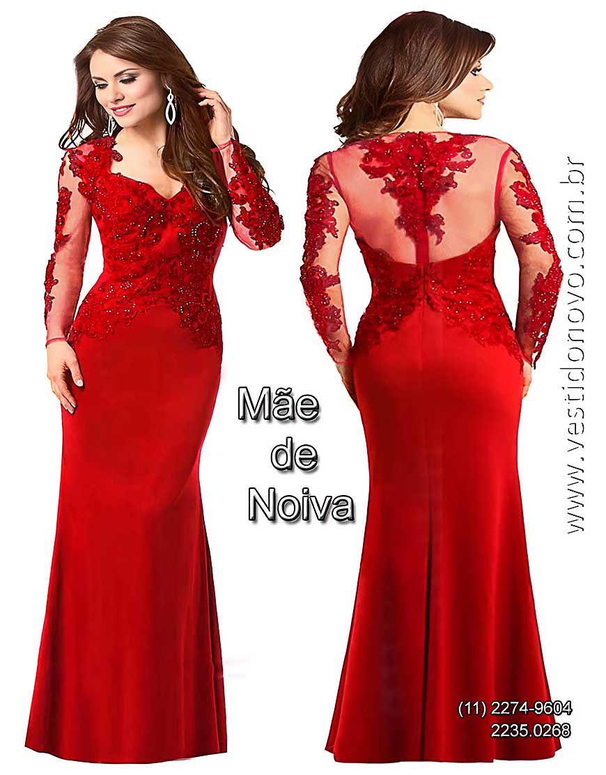 Vestido de festa plus size, vermelho, com manga comprida, segunda pele, bordado e pedraria