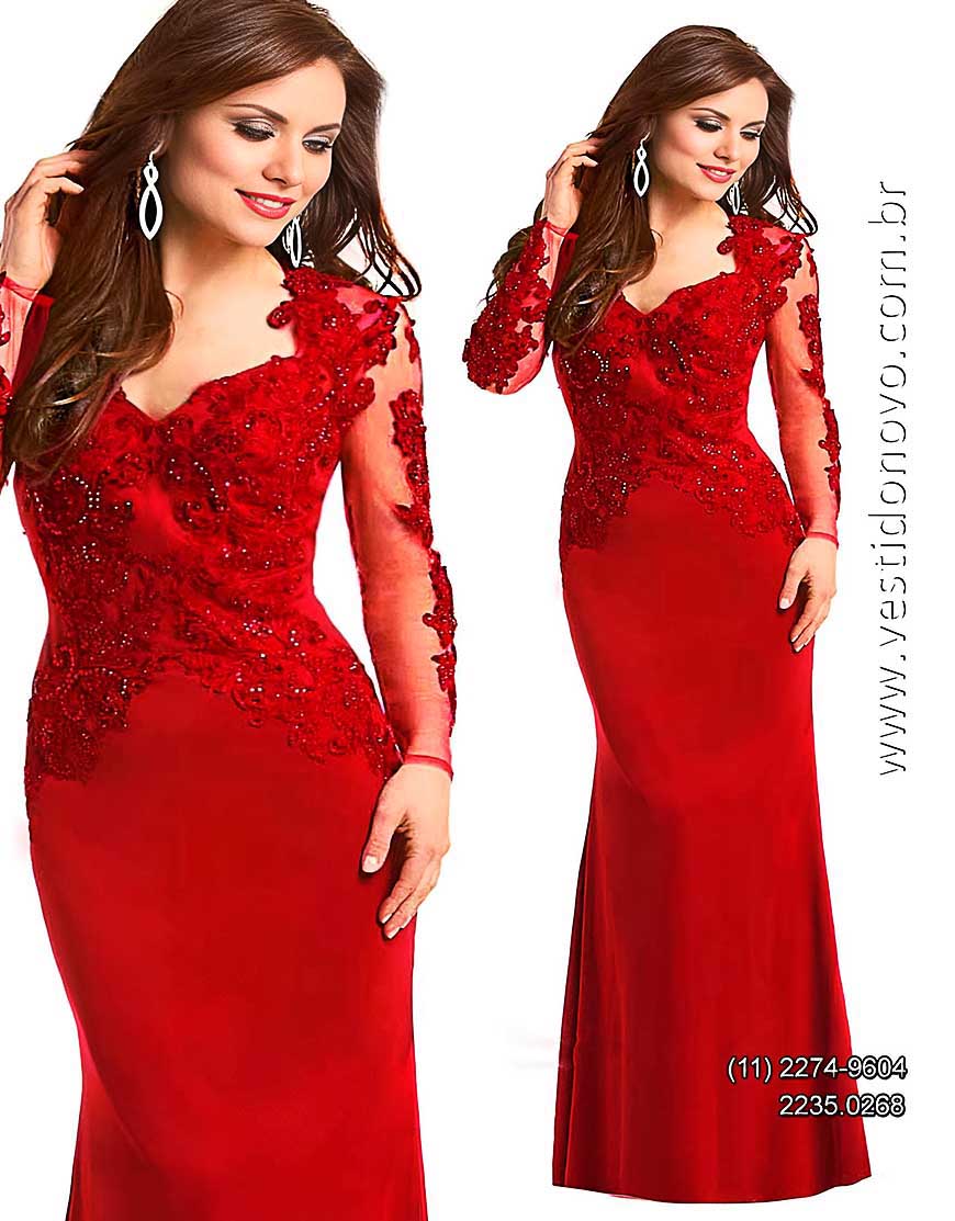 Vestido de festa plus size, vermelho, com manga comprida, segunda pele, bordado e pedraria