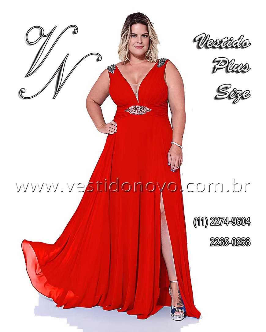 Vestido de festa vermelho, com fenda e decote, me da noiva, Plus size, tamanho grande, So Paulo