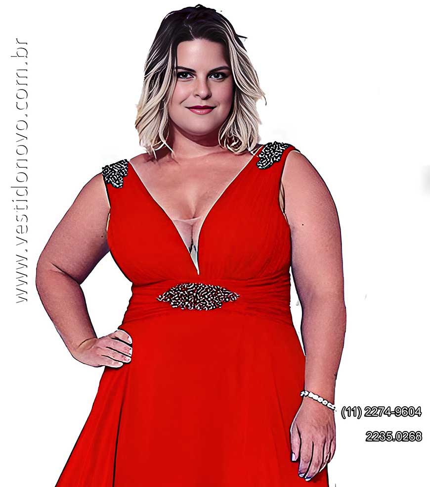 Vestido de festa vermelho, com fenda e decote, me da noiva, Plus size, tamanho grande, So Paulo